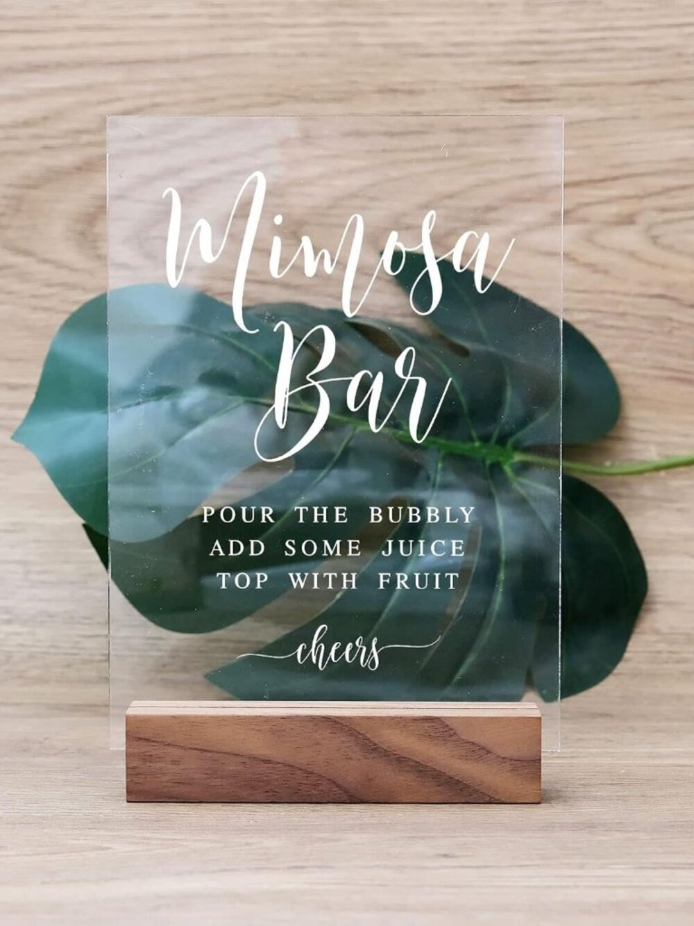 Acrylic Mimosa Bar Sign with Wood Stand- 5” x 7" Glass Look Clear Acrylic Weddin